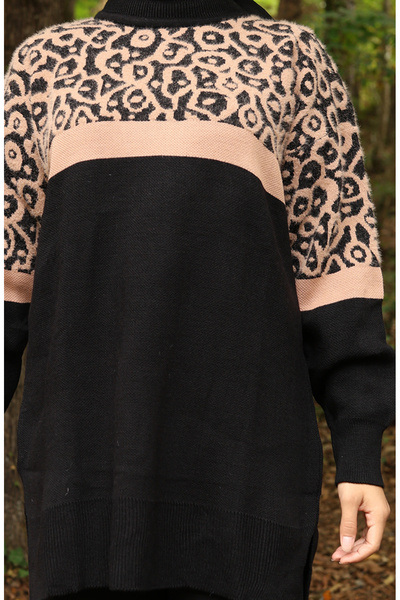 sefamerve Knitted patterned Paneled tunic pants two-piece set 1013-08 milky coffee black