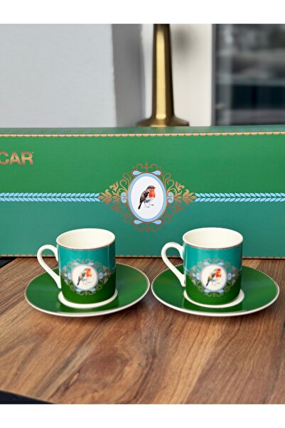Hediye Köşkü Acar Kuşlu 2 Kişilik Lüks Porselen Kahve Fincanı