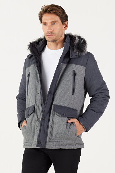 AC&Co / Altınyıldız Classics Gray-Anthracite Standard Fit Regular Cut Hooded Patterned Coat