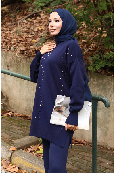 sefamerve Knitwear stone Printed tunic pants double set 1104-06 navy blue