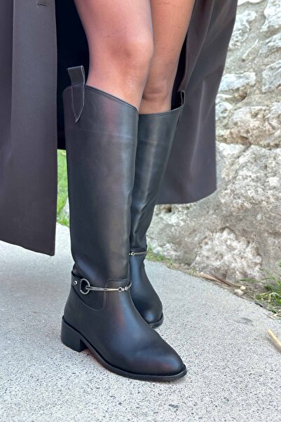 Shoebutik Vola Black Leather Buckle Detail Women's Boots