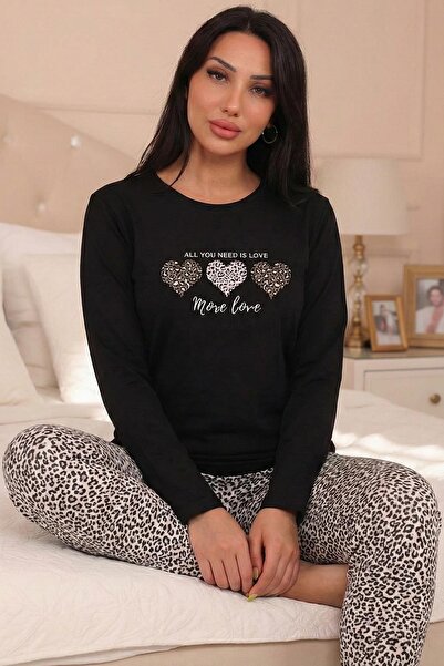 Niket Life Women's More Love Slogan Six Leopard Print Crew Neck Long Sleeve Six Long Combed Cotton Pajama Set