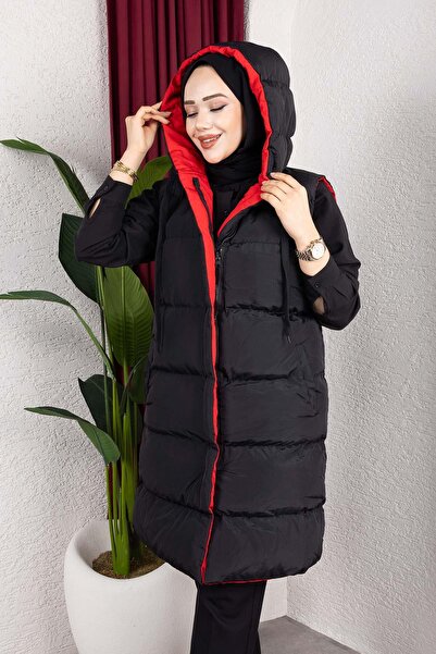 MİSSKAYLE Κόκκινο φουσκωτό γιλέκο με κουκούλα διπλής όψης