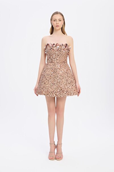 CENGIZ AKTURK Taş ve Payet İşlemeli Straplez Mini Abiye Elbise - 9012C