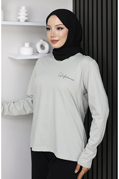 sefamerve Ψηφιακή με τύπωμα Βαμβακερή Μπλούζα 1071-01 Πέτρα