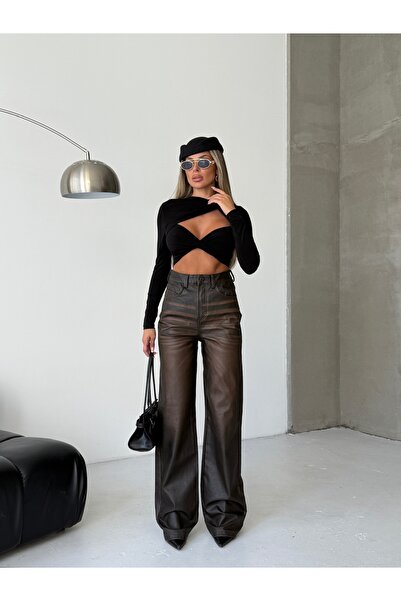 HerTon Kahverengi Deri Görünümlü Yüksek Bel Geniş Paça Pantolon