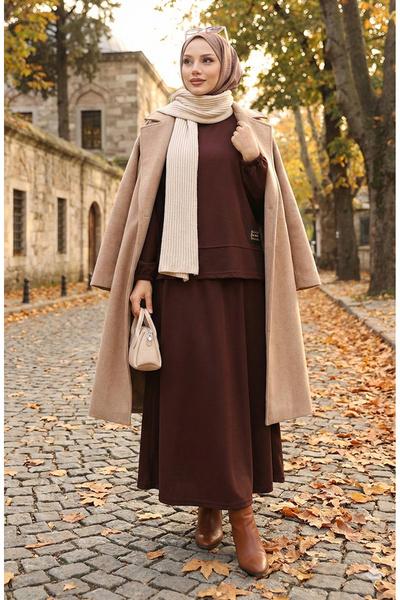 sefamerve Scuba Fabric Hijab Tunic Skirt Two-Piece Set 0221-04 Brown