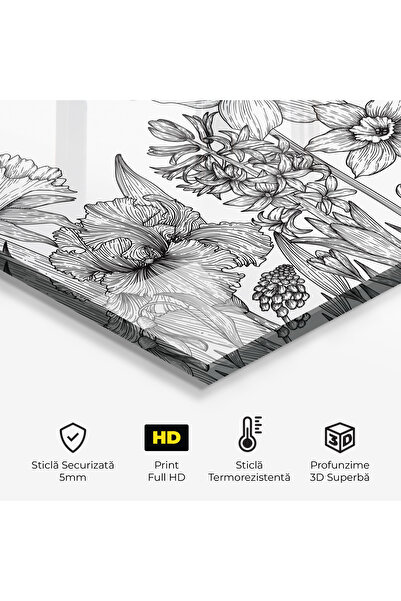 Arthub Kitchen Glass Panel, Stove Protection, Heat Resistant, Flowers, Black Line Plant