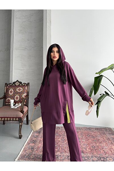 Moda İkra Women's Slit and Hoodie Bottom Top Set