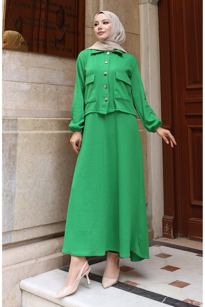 sefamerve Corded Fabric Button Jacket Dress Hijab Set 0219-05 Green
