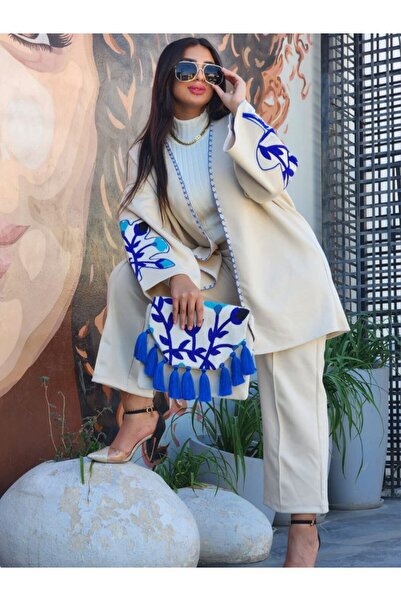 SWAN.AE Two-piece set, pants and wide jacket with embroidery and bag, suede, FREE SIZE UP TO 90 KG, Chic