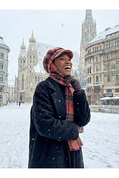 fidan bone Wool Cap Hat with Scarf Burgundy Tartar Pattern Ready-Made Turban Hijab Bonnet Beanie Medical Suitable