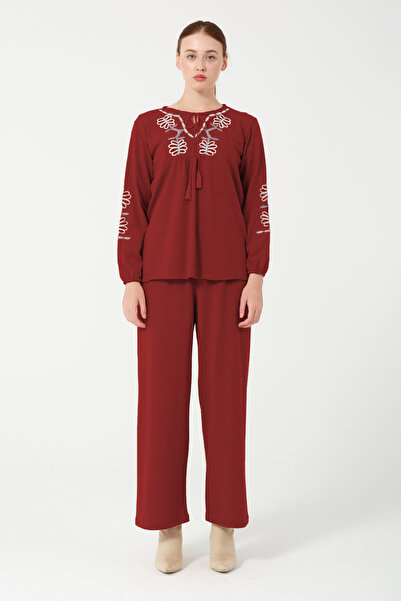 Hatun Atila Hatunatila Hera Fabric Front and Sleeves Are Authentic Embroidered Tassel Detailed Double Suit 7668 Burgundy