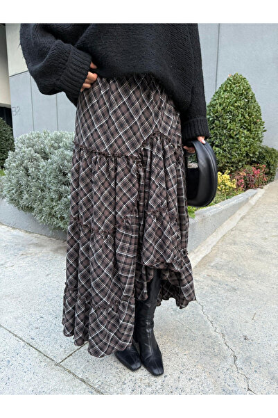 My Blog Brown Layered Plaid Skirt - 2213