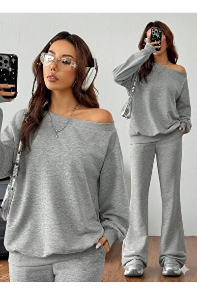 buğrahayalin Women's Long Sleeve One Shoulder Open Two Thread Blouse and Pants Two Piece Set