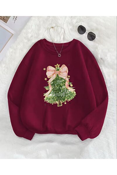 trendgar Burgundy Pine Tree Bow Detail Crew Neck Sweatshirt
