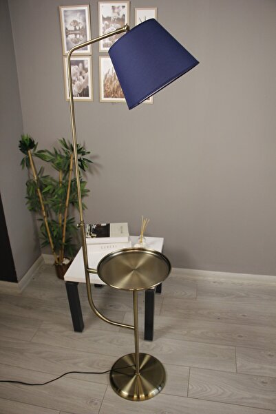 Bamyum Cotella Kumaş Lacivert Eskitme Gövde Lambader Modern Dekoratif Metal Zemin Lambası