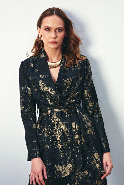 Sateen Parlak Desenli Kuşaklı Uzun Ceket - SİYAH