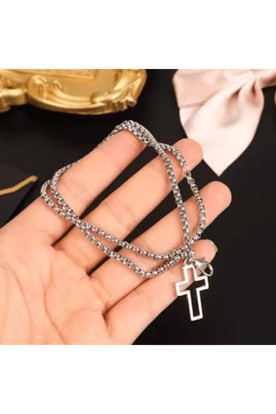 CRM Brățară dublă unisex cu pandantiv cruce, stil vintage, 20 cm