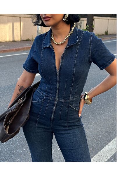 Bibasic Kadın Kısa Kollu Denim Tulum