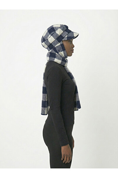 fidan bone Wool Cap Hat with Scarf Navy Blue Plaid Pattern Ready-Made Turban Hijab Bonnet Beanie Medical Suitable