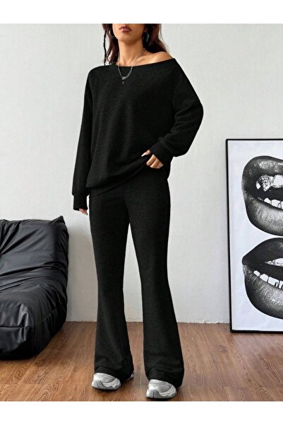 buğrahayalin Women's Long Sleeve One Shoulder Open Two Thread Blouse and Pants Two Piece Set