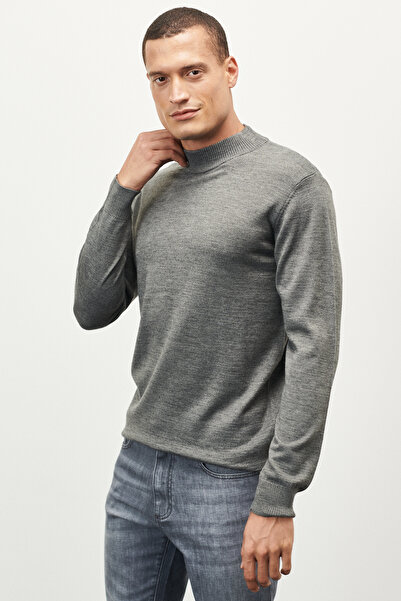 ALTINYILDIZ CLASSICS Gray Melange Standard Fit Regular Cut Half Turtleneck Wool Knit Sweater