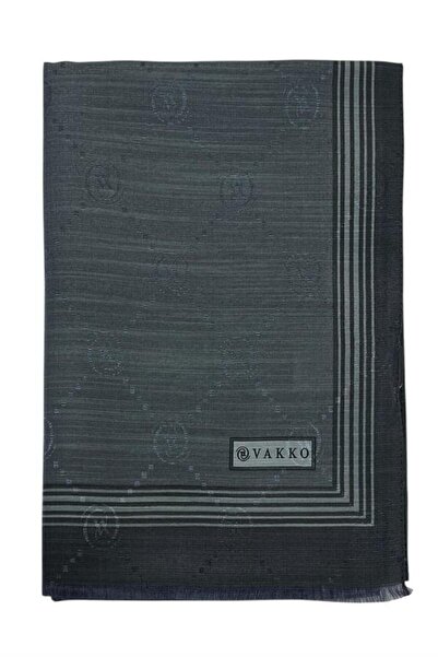 Vakko Памучен копринен шал - с монограм по краищата - димно сив