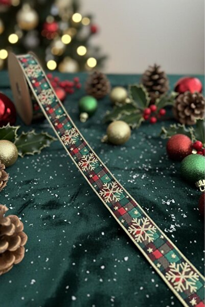 FANTASTIC KURDELE Luxury Woven Red Green Plaid Christmas Ribbon | Glitter Snowflake Patterned Decorative Ribbon 25X10M