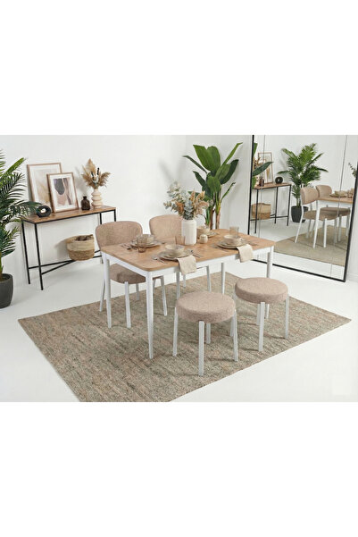 DİLETTO 70x110 YEMEK MASA TAKIMI MUTFAK MASASI 4 KİŞİLİK MASA SANDALYE TABURE PUF TAKIMI A.ÇAM - KAHVE RENK