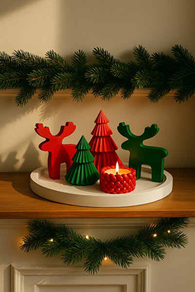Christmas Decor Set – Pine Trees, Deer Figure, Knitted Candle and Large Tray (5 Pieces)