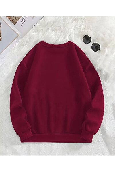 trendgar Burgundy Pine Tree Bow Detail Crew Neck Sweatshirt