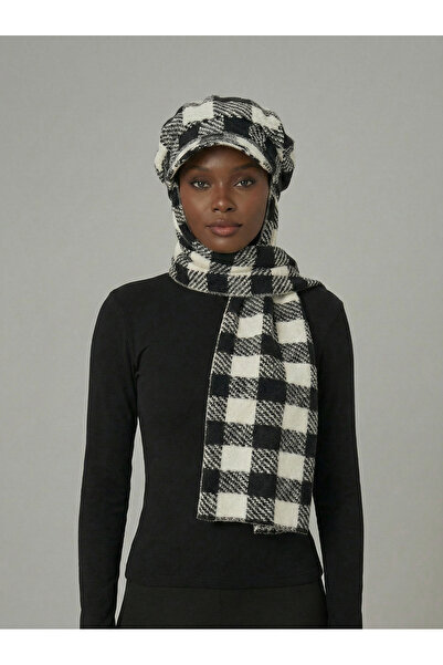 fidan bone Wool Cap Hat with Scarf Black Plaid Ready-Made Turban Hijab Bonnet Beanie Medical Suitable