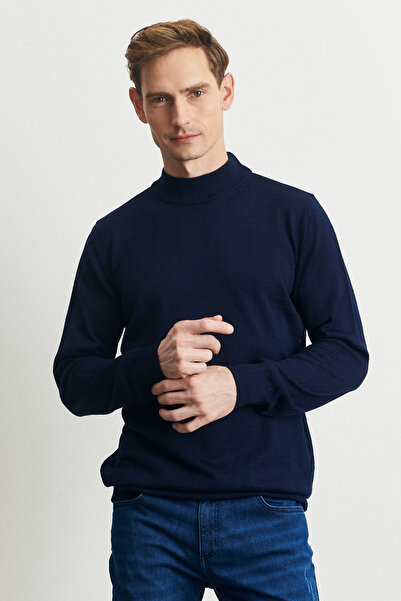 ALTINYILDIZ CLASSICS Navy Blue Standard Fit Regular Cut Half Turtleneck Wool Knit Sweater