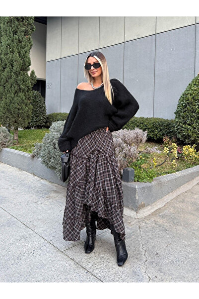 My Blog Brown Layered Plaid Skirt - 2213