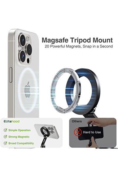 Elitehood Aluminum Magnetic MagSafe Tripod Phone Mount with 360° Rotatable Cold Shoe Base