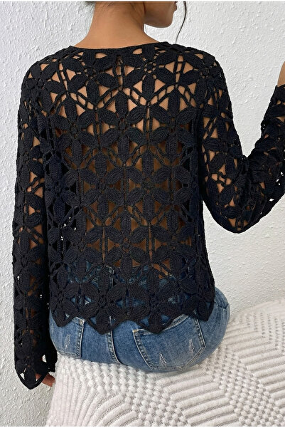 FEMELLE Women's Black Crochet Buttoned Cardigan