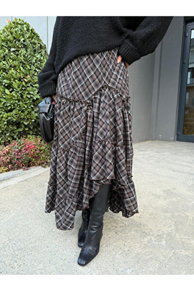 My Blog Brown Layered Plaid Skirt - 2213