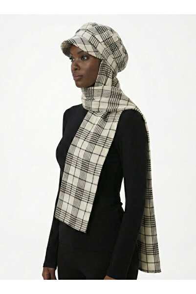 fidan bone Wool Cap Hat with Scarf Ecru Plaid Ready-To-Wear Turban Hijab Bonnet Beanie Medical Suitable