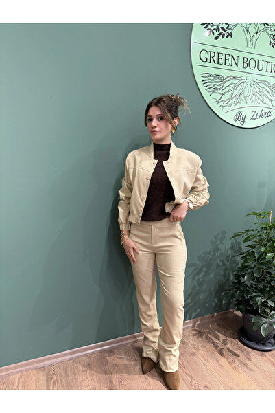 Greenboutique Glitter Jacket with Snap Pockets Flared Glitter Trousers Set Beige