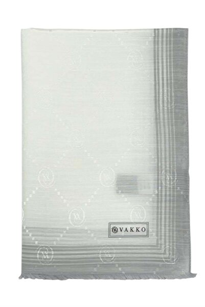 Vakko Βαμβακερό μεταξωτό σάλι - Μονόγραμμα με περιγράμμα - Pearl White Grey