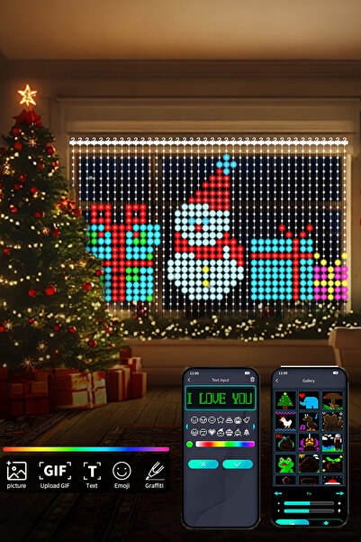 MOBEE LED Işıklı Akıllı Perde 400 Led Uzaktan Kumandalı Animasyonlu Parti Yıl...