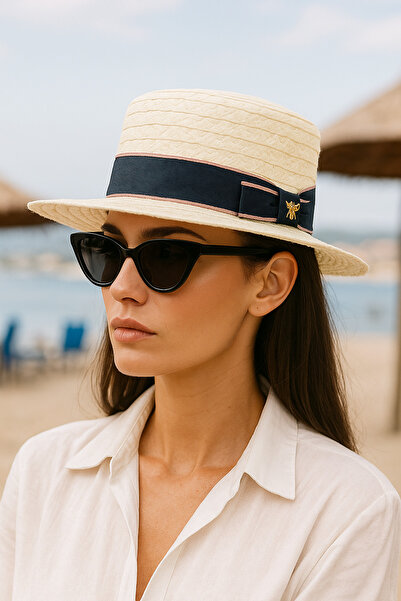 Katia&Bony Women's Straw Hat with Ribbon Accessories Cream