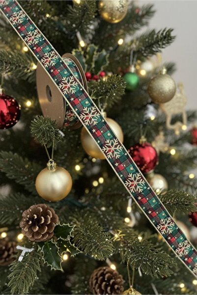 FANTASTIC KURDELE Luxury Woven Red Green Plaid Christmas Ribbon | Glitter Snowflake Patterned Decorative Ribbon 25X10M