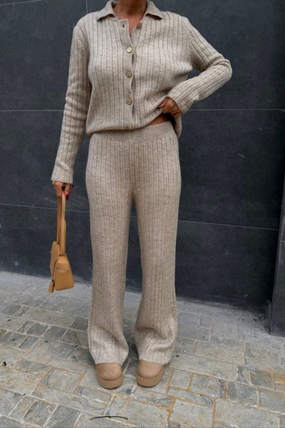 Auroveen Corded Fabric Knitted Polo Neck Button Detail Cardigan Pants Bottom-...