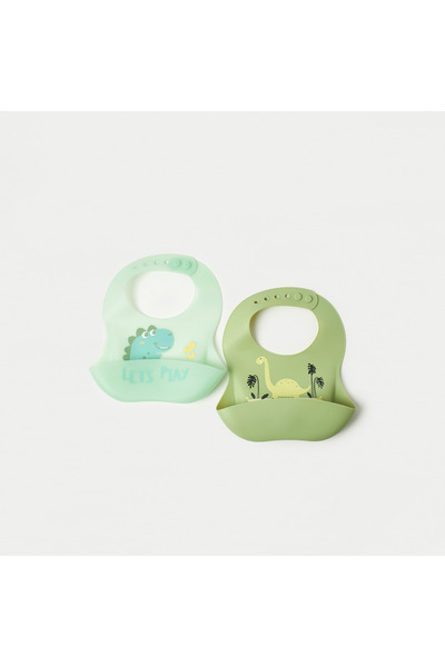 Juniors مريلة سيليكون بطبعة ديناصور مع زر إغلاق بالضغط - مجموعة من قطعتين