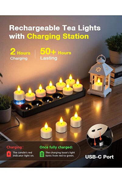 SoulBay Flameless Candles with Remote Control Timer & Charging Base, 12pcs USB Rechargeable LED Tea