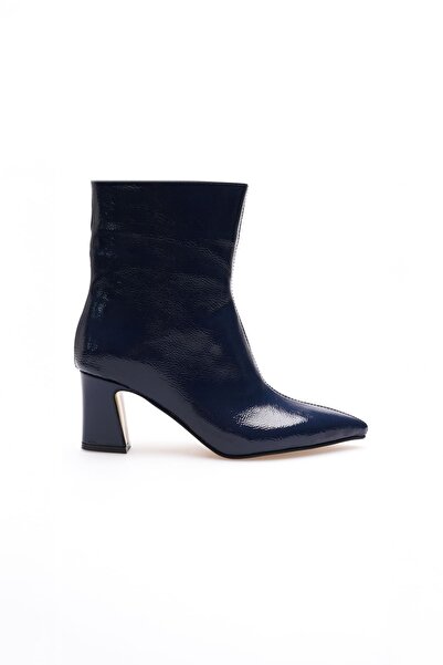 MARCHEO Nadia Women's Navy Blue Patent Leather Thick Heeled Winter Boots