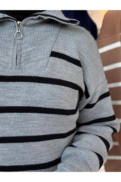 ribana Women's Hijab Clothing Stand Collar Vertical Striped Zippered Knitwear Tunic-Sweater