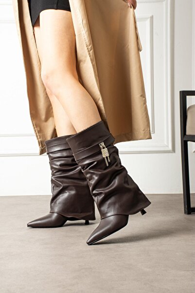 ShoeTek Luarda Women's Boots Side Buckle Gusseted Thin Heeled Brown Leather